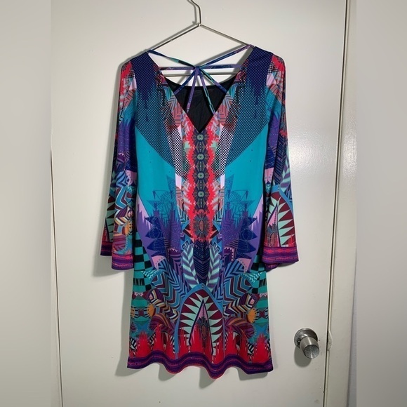 Hale Bob Bell sleeve multicolor, illuminati mini dress. XS - Picture 4 of 9
